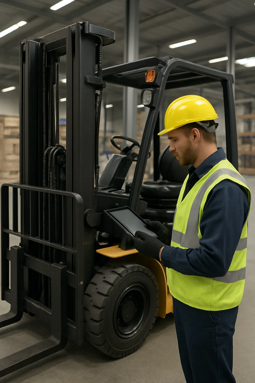 Operator completing a digital forklift inspection checklist on a tablet