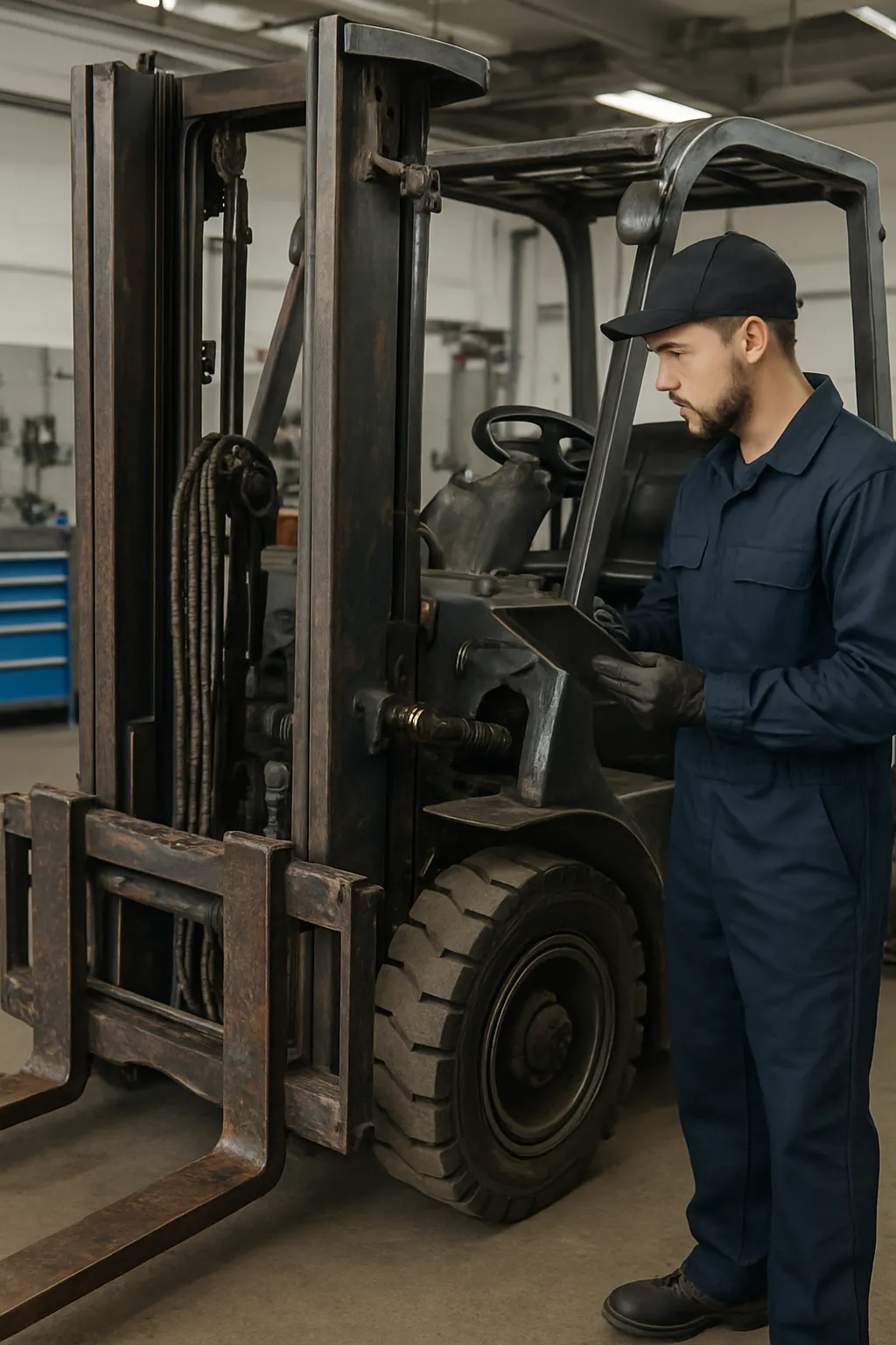 Technician inspecting forklift maintenance history and physical condition