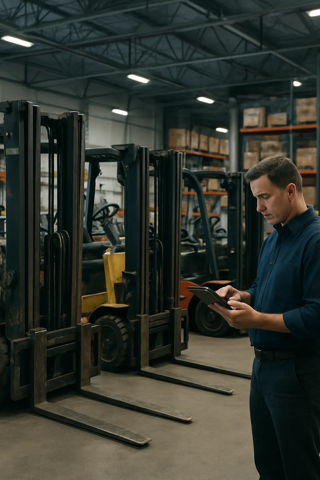 Fleet manager reviewing forklift market value and replacement planning