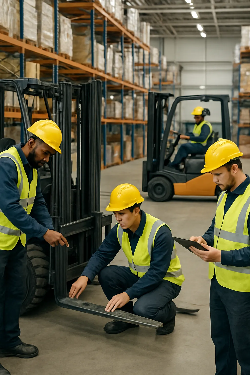 Forklift operators completing standardized pre-shift inspections in a global warehouse